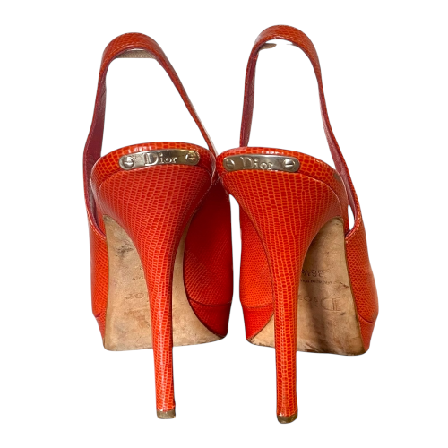 CHRISTIAN DIOR Orange Croc Patent Leather Peep Toe Slingback Pumps, Size 36.5