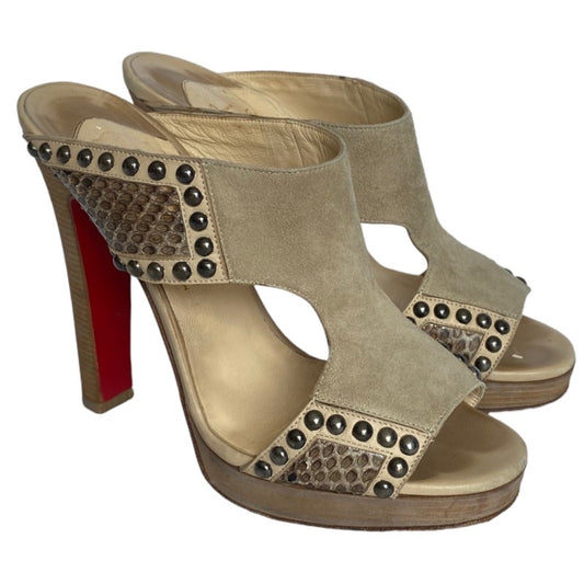 CHRISTIAN LOUBOUTIN Hassaneta Beige Suede Leather Studded Platform Slide, 38.5