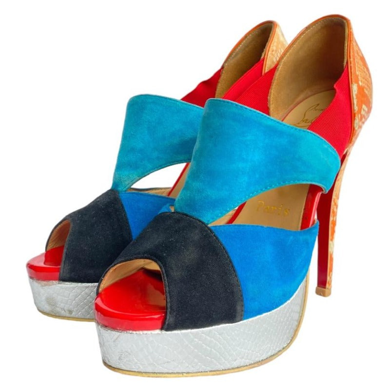 $1411 CHRISTIAN LOUBOUTIN Pitou 150 Veau Velours / Python Fresh Pumps, Size 38