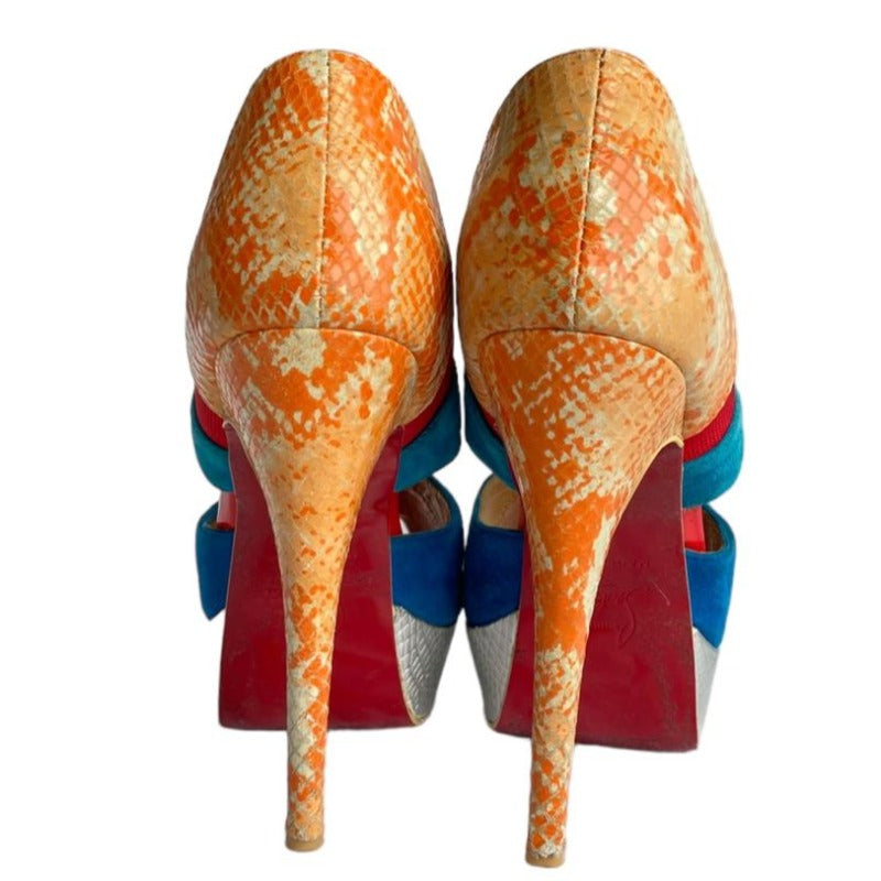 $1411 CHRISTIAN LOUBOUTIN Pitou 150 Veau Velours / Python Fresh Pumps, Size 38