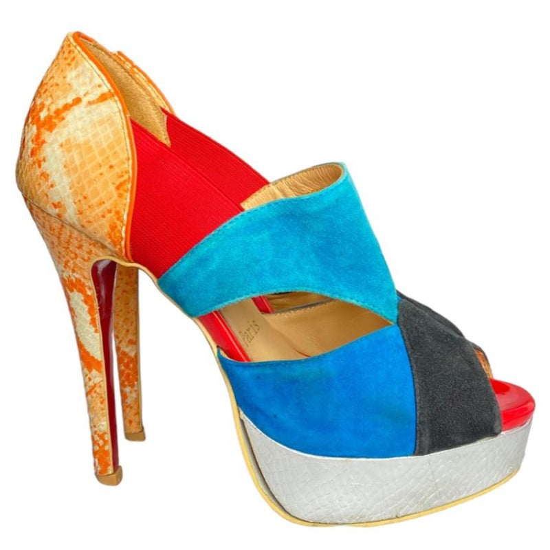 $1411 CHRISTIAN LOUBOUTIN Pitou 150 Veau Velours / Python Fresh Pumps, Size 38
