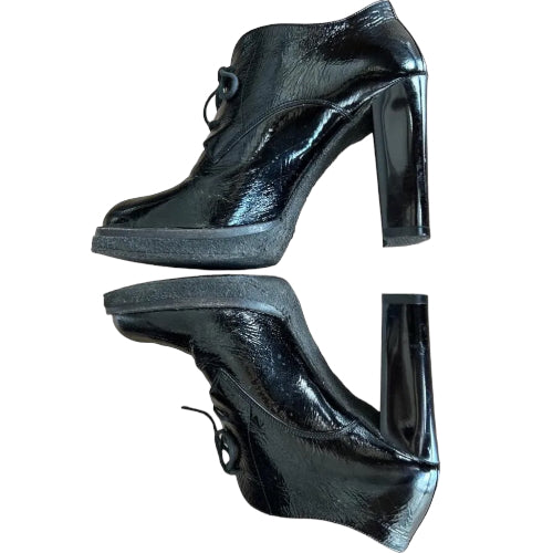 BALENCIAGA Black Patent Leather Lace Up Block Heel Ankle Booties, Size 40