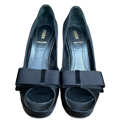 FENDI Black Satin Bow Peep Toe Platform Pumps, Size 37.5