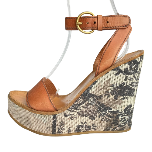 MIU MIU Brown Leather Strappy Floral Printed Canvas Wedge Heel Sandals, Size 37