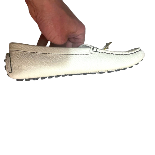 LOUIS VUITTON White Iridescent Leather Flat Loafers with Gold Flower, Size 38.5