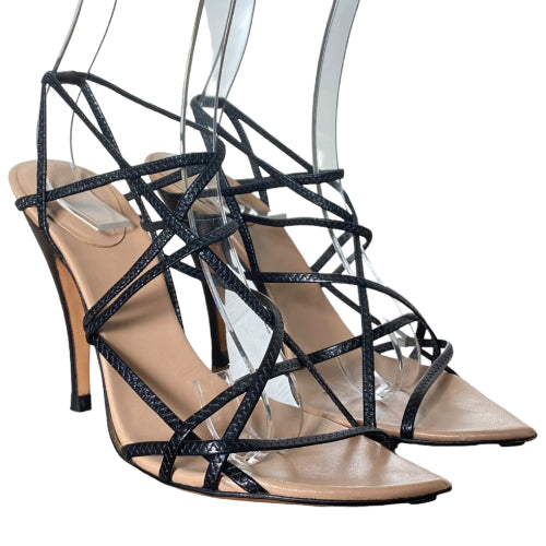GUCCI Black Leather Slim Strappy Open & Peep Toe Heeled Sandals, Size 36.5