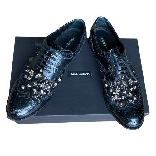 DOLCE & GABBANA Black Brogue Leather Studded Embellished Lace Oxfords, Size 38.5