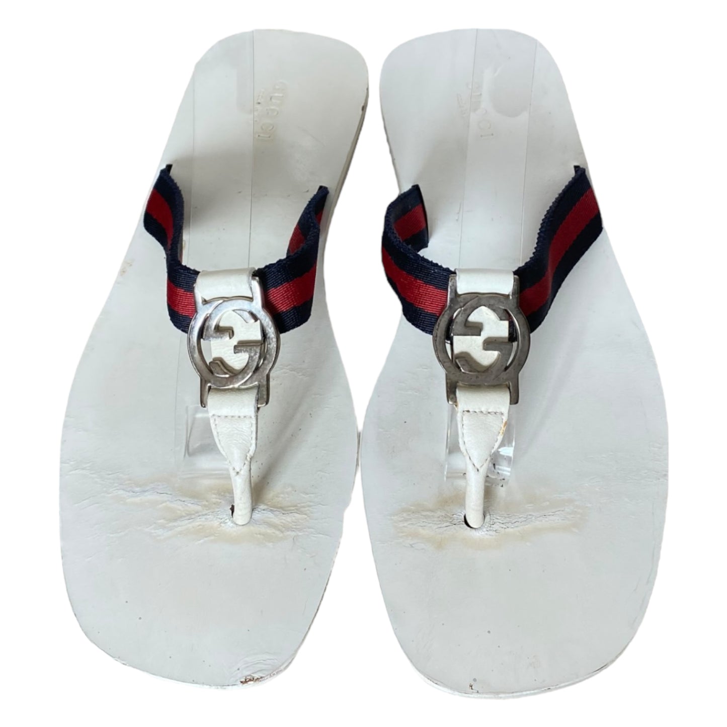 GUCCI White Enamel GG Web Flip Flops Navy & Red Flat Thong Sandals, Size 39
