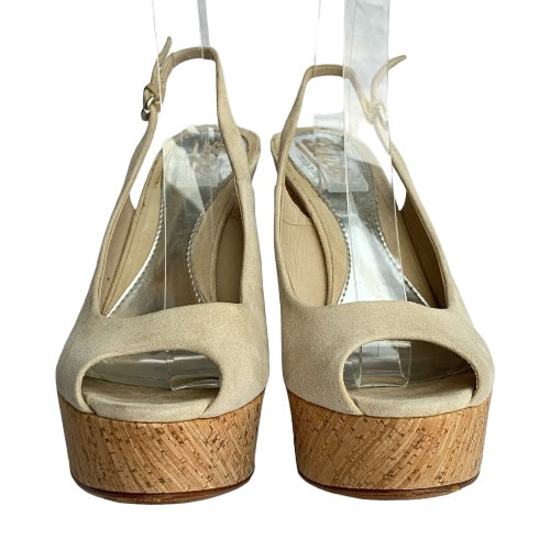 GUCCI Beige Suede Slingback Cork Heel Wedge Sandals, Size 36.5