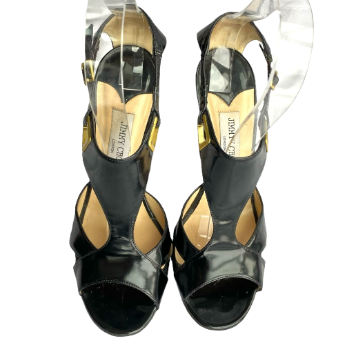 JIMMY CHOO Black Patent Leather Cut Out Ankle Strap Sandals, Size 40