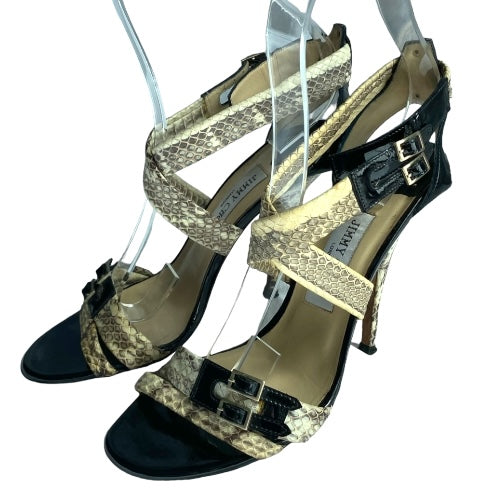 JIMMY CHOO Aby Snakeskin & Black Patent Leather Crisscross Sandals, Size 37.5