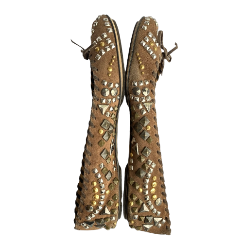 DOLCE & GABBANA Brown Nubuck Gold & Silver Studded Ballet Flats, Size 37