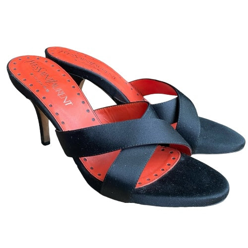YVES SAINT LAURENT Rive Gauche Black Satin Criss Cross Slide Sandals, Size 37