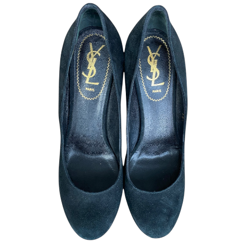YSL YVES SAINT LAURENT Black Suede Tribtoo Tribute Platform Pumps, Size 38.5