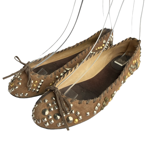 DOLCE & GABBANA Brown Nubuck Gold & Silver Studded Ballet Flats, Size 37
