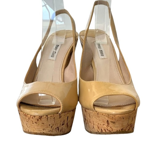 MIU MIU Beige Patent Leather Peep Toe Slingback Cork Wedge Sandals, Size 38