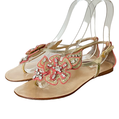 MIU MIU Gold Glitter Coral Pink Crystal Leather Flower Flat Sandals, Size 37