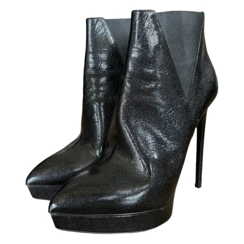 YVES SAINT LAURENT Black Leather Pointed Toe Ankle Platform Booties, Size 40.5