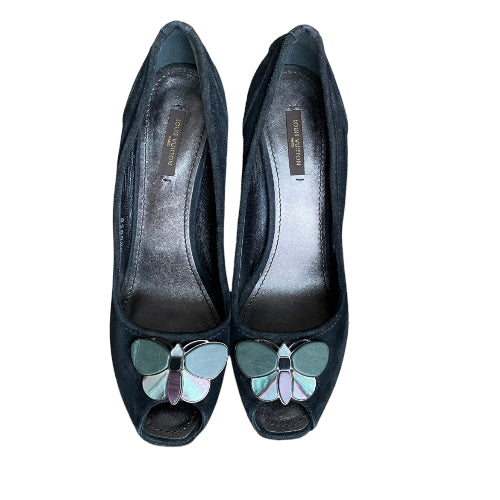 LOUIS VUITTON Black Suede Butterfly Peep Toe Wedge Pumps, Size 39.5