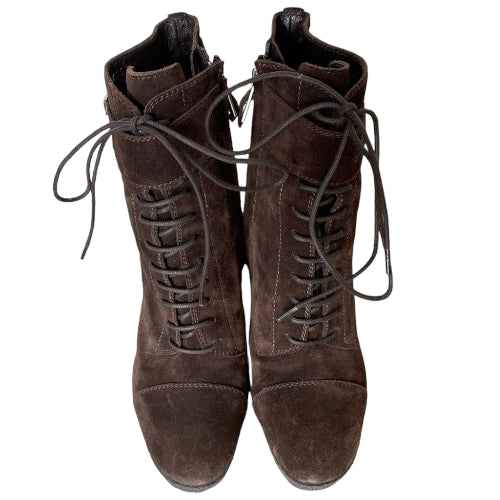 NEW YVES SAINT LAURENT Brown Suede Lace Up Ankle Platform Boots, Size 36.5