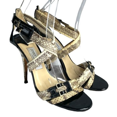 JIMMY CHOO Aby Snakeskin & Black Patent Leather Crisscross Sandals, Size 37.5