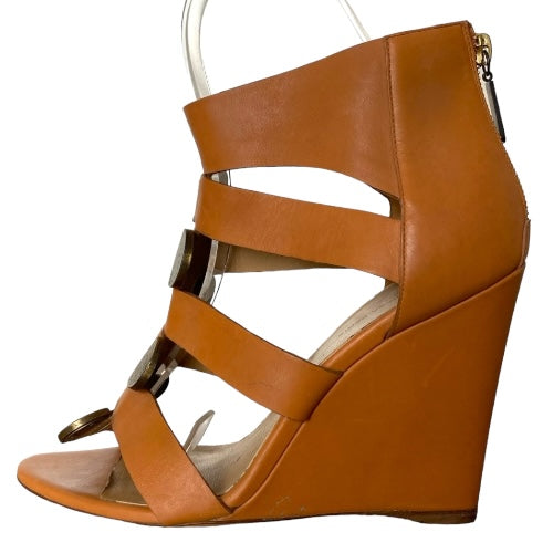 BALENCIAGA Camel Leather Strappy Gladiator Bronze Buckle Wedge Sandals, Size 40