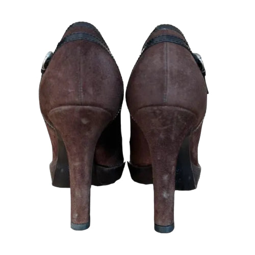 GUCCI Brown Suede And Leather Trim Buckle Detail Round Toe Pumps, Size 35.5