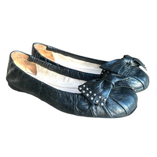 PRADA Black Leather Studded Bow Detail Ballet Flats, Size 39