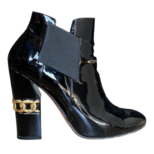 CASADEI Black Patent Leather Gold Chain Accent Block Heel Boots, Size 40