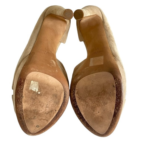 MIU MIU Beige Suede Crisscross Straps Peep Toe Half D'orsay Platform Pumps, 39