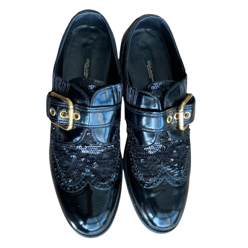 DOLCE & GABBANA Black Brogue Patent Leather Sequin Embellished Oxfords, Size 39