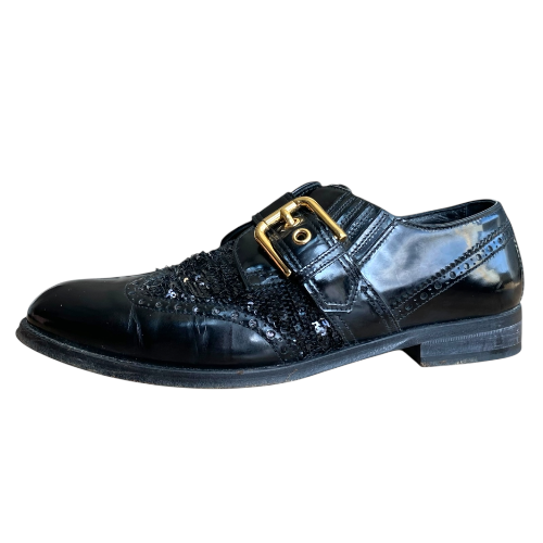 DOLCE & GABBANA Black Brogue Patent Leather Sequin Embellished Oxfords, Size 39