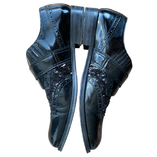 DOLCE & GABBANA Black Brogue Patent Leather Sequin Embellished Oxfords, Size 39
