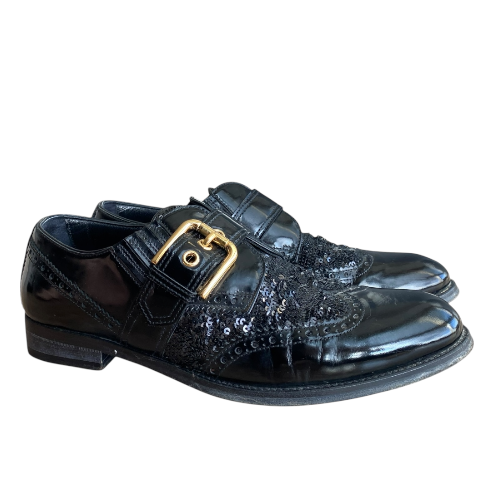 DOLCE & GABBANA Black Brogue Patent Leather Sequin Embellished Oxfords, Size 39