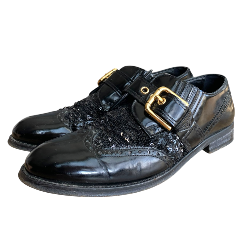 DOLCE & GABBANA Black Brogue Patent Leather Sequin Embellished Oxfords, Size 39
