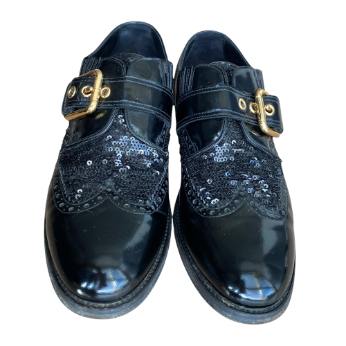 DOLCE & GABBANA Black Brogue Patent Leather Sequin Embellished Oxfords, Size 39