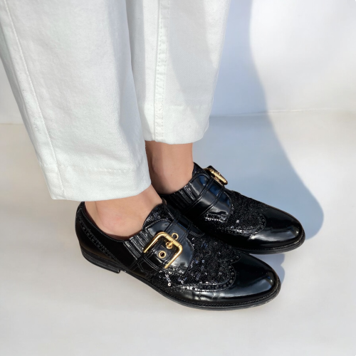 DOLCE & GABBANA Black Brogue Patent Leather Sequin Embellished Oxfords, Size 39
