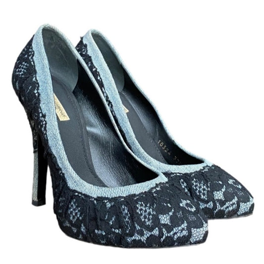 DOLCE & GABBANA Black/Light Blue Lace and Denim Hidden Platform Pumps, Size 37.5
