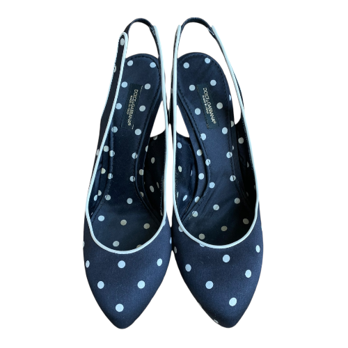 DOLCE & GABBANA Black Satin Polka Dot Slingback Pointed Toe Pumps, Size 37