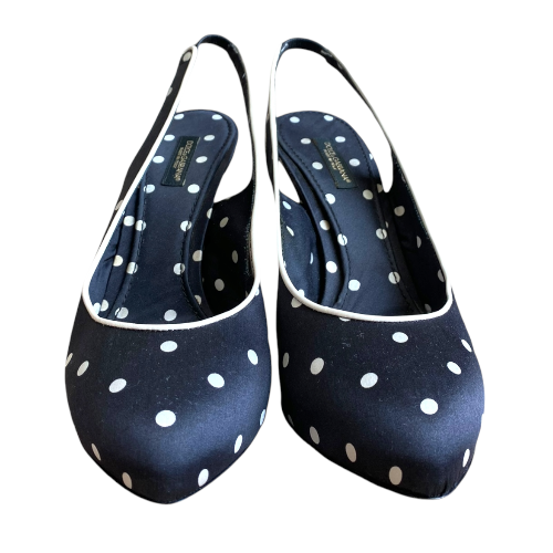DOLCE & GABBANA Black Satin Polka Dot Slingback Pointed Toe Pumps, Size 37