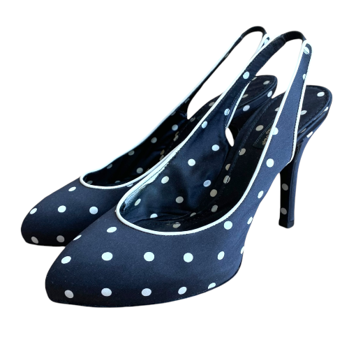 DOLCE & GABBANA Black Satin Polka Dot Slingback Pointed Toe Pumps, Size 37