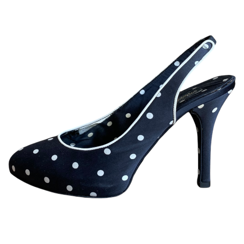 DOLCE & GABBANA Black Satin Polka Dot Slingback Pointed Toe Pumps, Size 37