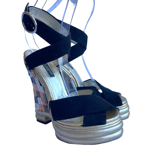 DOLCE & GABBANA Black Suede Criscross Leather Heel Wedge Sandals, Size 36