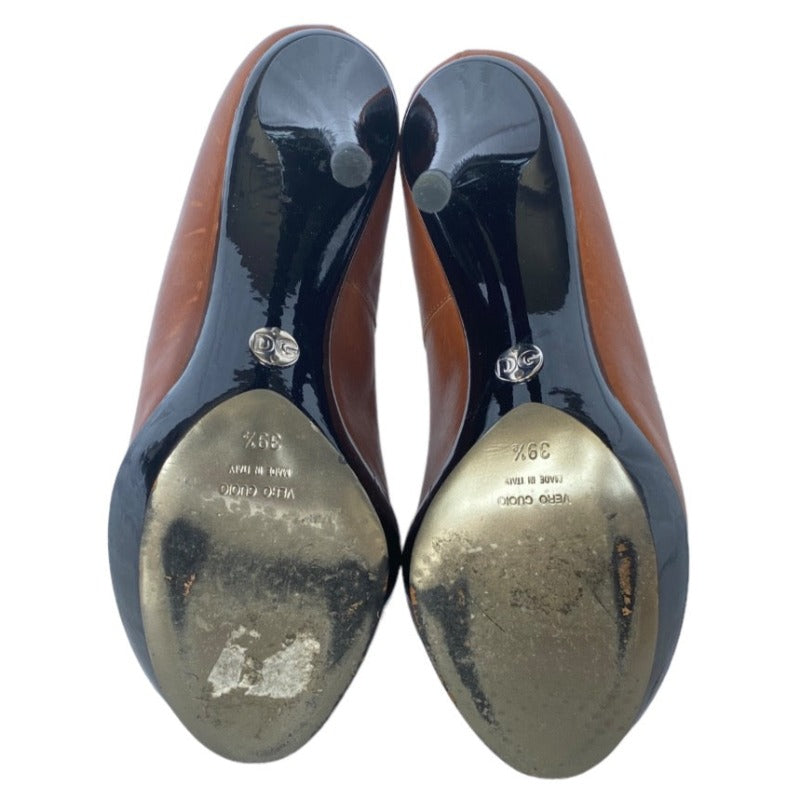 DOLCE & GABBANA Brown/Black Patent & Leather Peep Toe Ankle Strap Pumps, Size 39.5