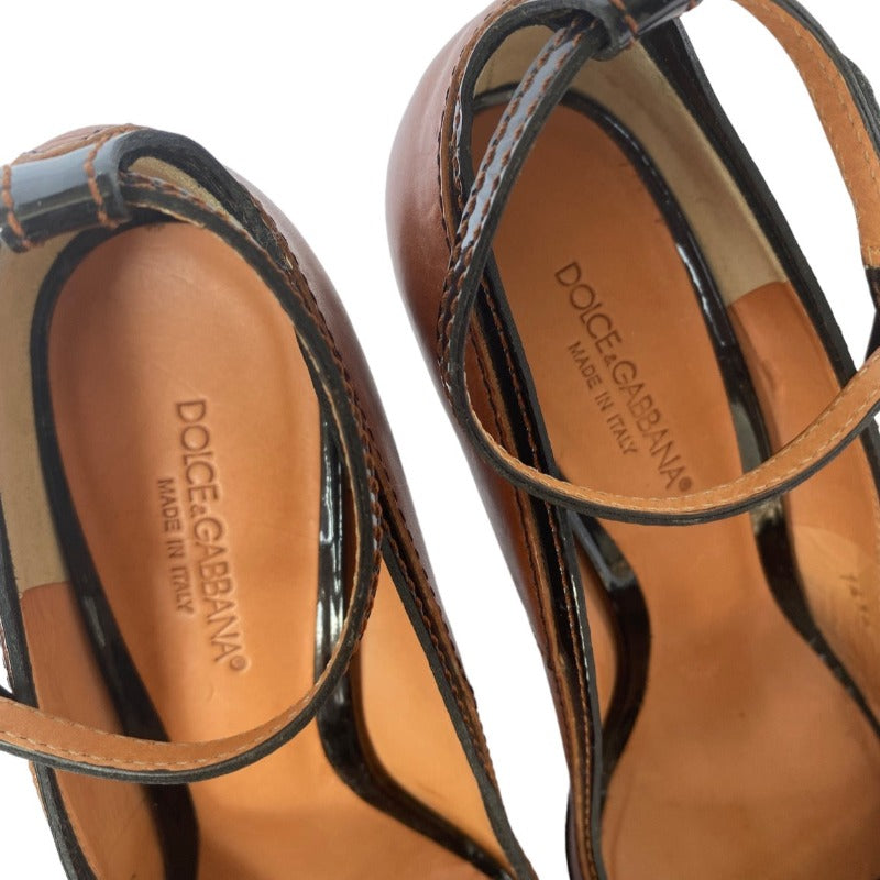 DOLCE & GABBANA Brown/Black Patent & Leather Peep Toe Ankle Strap Pumps, Size 39.5