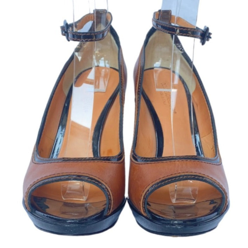 DOLCE & GABBANA Brown/Black Patent & Leather Peep Toe Ankle Strap Pumps, Size 39.5