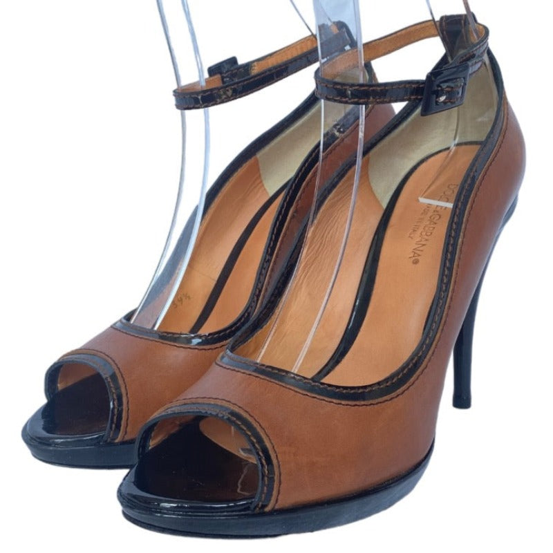 DOLCE & GABBANA Brown/Black Patent & Leather Peep Toe Ankle Strap Pumps, Size 39.5