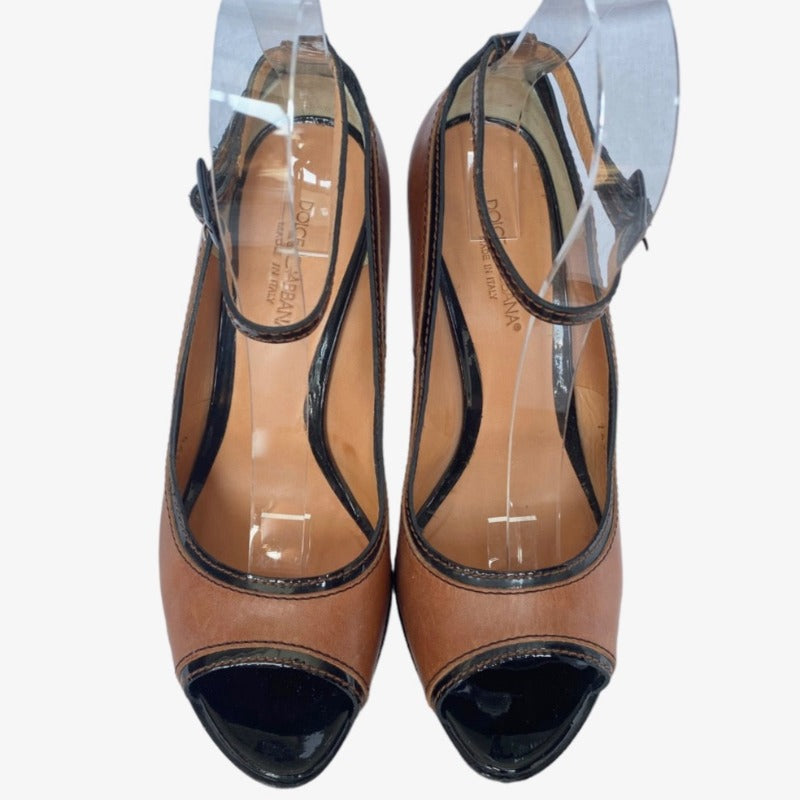 DOLCE & GABBANA Brown/Black Patent & Leather Peep Toe Ankle Strap Pumps, Size 39.5