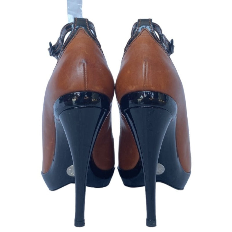DOLCE & GABBANA Brown/Black Patent & Leather Peep Toe Ankle Strap Pumps, Size 39.5