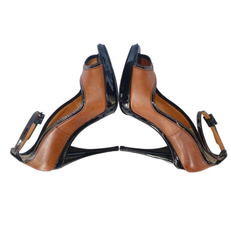 DOLCE & GABBANA Brown/Black Patent & Leather Peep Toe Ankle Strap Pumps, Size 39.5